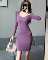 Autumn Winter Casual Solid Color Basic Knitting Mini Dress