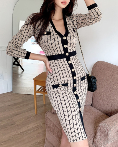 Autumn Winter Chic Stripes V-Neck Under-Knee Length Knitting Dress