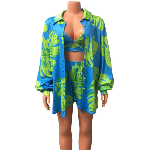 Autumn Casual Print Three Piece Shorts Set