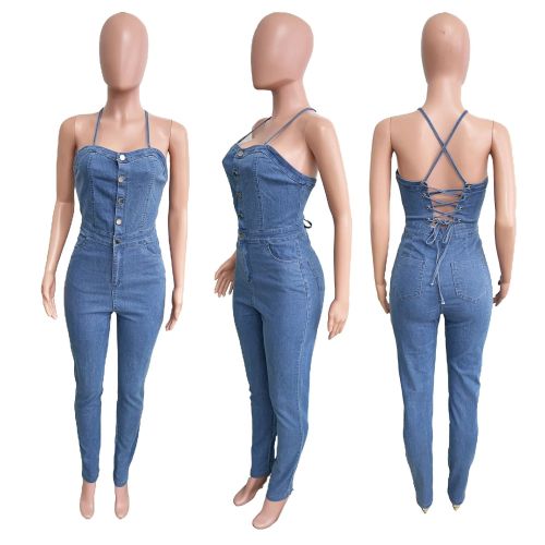 Autumn Sexy Lace-Up Back Slim Fit Straps Denim Jumpsuit
