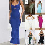 Strappy sexy stretch party mermaid pleated midi dress