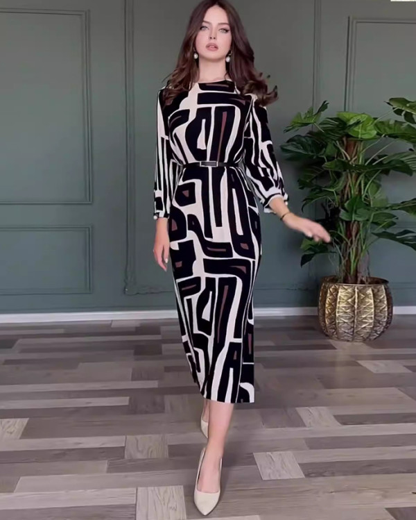 Elegant women's slit midi dress with geometric print + belt