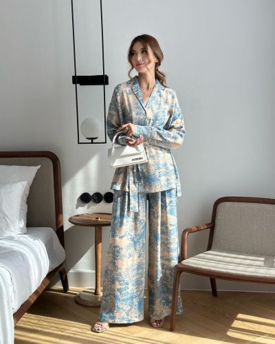 Autumn and winter French printed long-sleeved lace-up shirt high-waisted wide-leg pants women's suit