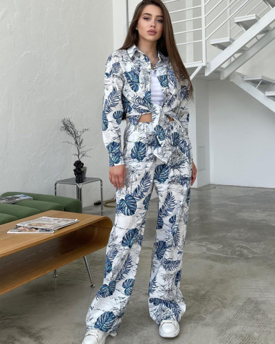 Autumn floral print loose top high waist wide leg pants women's casual suit