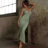 Strappy sexy stretch party mermaid pleated midi dress