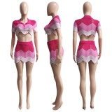 Knitting Contrast Color Sexy Crop Top + Mini Skirt Set