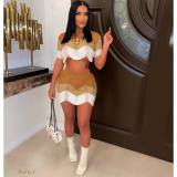 Knitting Contrast Color Sexy Crop Top + Mini Skirt Set