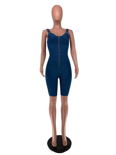 Slim fit high elastic skinny denim jumpsuit with suspenders