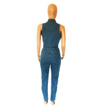 Autumn Sexy Slim Fit Sleeveless Button Up Denim Jumpsuit