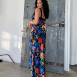 Fashionable flower print deep V lace long maxi dress