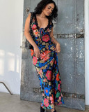 Fashionable flower print deep V lace long maxi dress