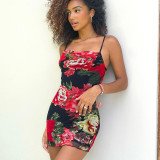 Fashionable floral printed street style strappy bodycon dress