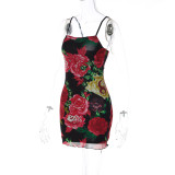 Fashionable floral printed street style strappy bodycon dress