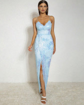 Formal sequin strappy slit long evening dress