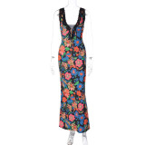 Fashionable flower print deep V lace long maxi dress