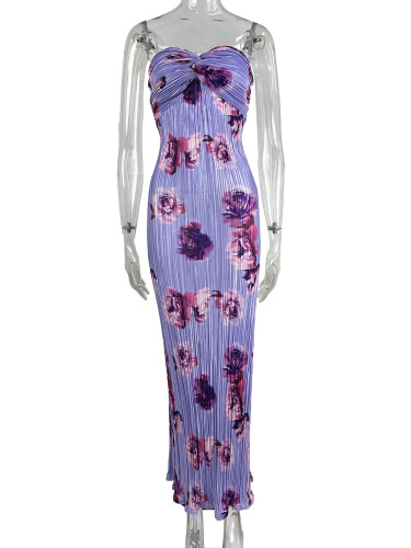 Autumn Sexy Strapless Floral Print Pleated Long Slim Dress