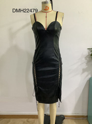 Autumn Winter PU Leather Black Lace-Up Strappy Party Dress