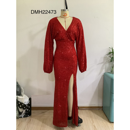 Sexy puff sleeves deep V high slit sequined banquet dress