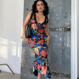 Fashionable flower print deep V lace long maxi dress