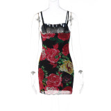 Fashionable floral printed street style strappy bodycon dress