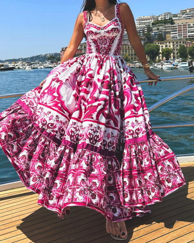 Printed wide straps sleeveless wide hem long maxi dress