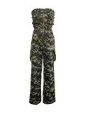 Off-the-shoulder strapless elastic waist zipper camouflage jumpsuit