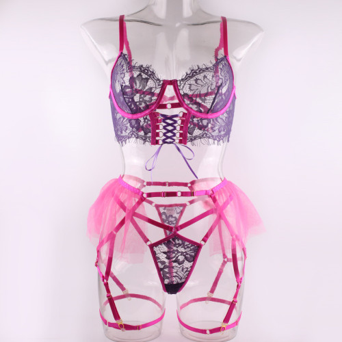 Lace strap underwire bra sexy see-through push-up lingerie set