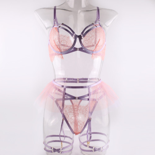 Lace ribbon sexy bra with underwire see-through push-up bra set