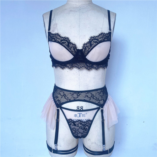 Lace stitching underwired bra fashionable see-through sexy underwear set