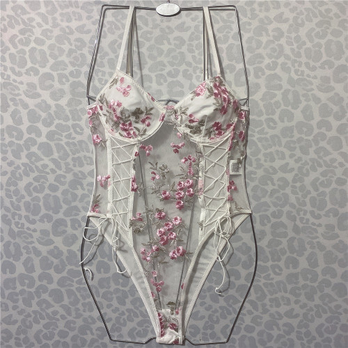 Flower embroidery strap bodysuit sexy lace-up teddy lingerie