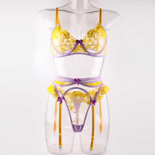 Flower embroidered see-through sexy bow lingerie set