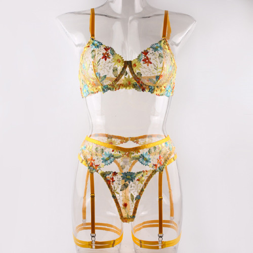 Sexy see-through yellow flower embroidered bra garter three-piece underwear set
