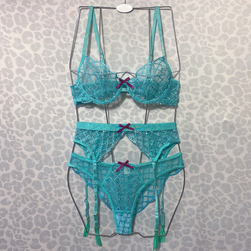 Lake blue sling embroidered bra underwire see-through sexy underwear set women's three-piece lingerie
