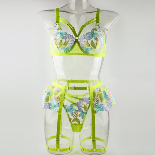 Flower embroidered bra see-through sexy lingerie set