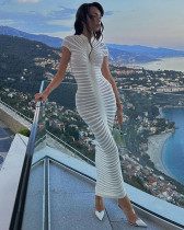 Sexy short-sleeved knitted high-neck high-waist slim long dress
