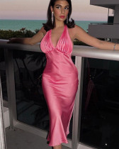 High-waisted midi dress halter sleeveless V-neck one-step pleated dress