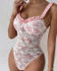 Sexy lace ruffles pink printed bodysuit