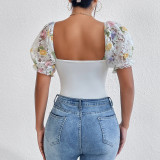 Printed lace mesh underwired puff sleeve printed hollow see-through hot girl bodysuit