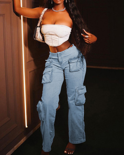 Low-waisted multi-pocket cargo jeans autumn hot girl straight-leg trousers