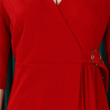 Autumn and winter V-neck fashionable solid color pleated mid-sleeve large size dress