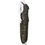 Camouflage sexy backless elastic waist suspender jumpsuit