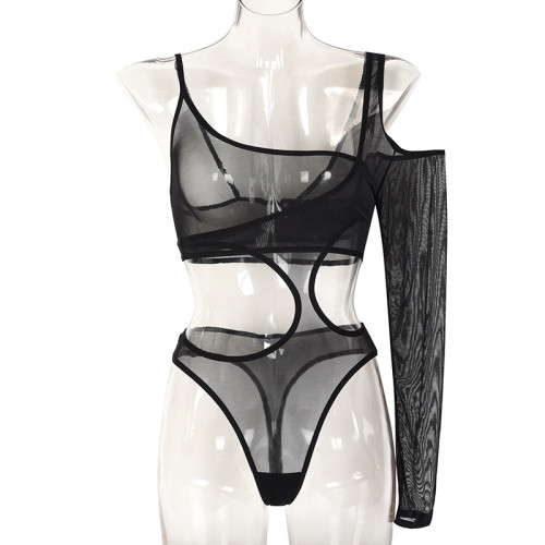 See through hollow out mesh sexy bodysuit lingerie set