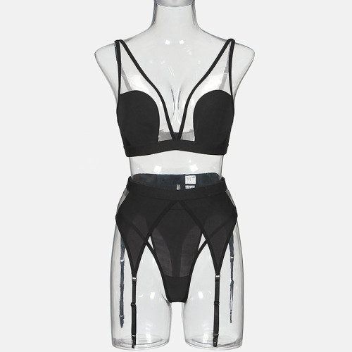 Sexy see-through mesh and gloves four-piece lingerie set