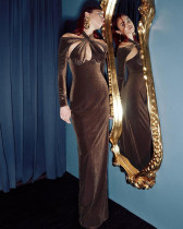 Autumn winter solid color sexy slimming hollow out long-sleeved velvet evening dress
