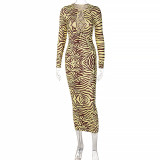 Winter Fashion Printed Lace-Up Long Sleeve Slim Dress