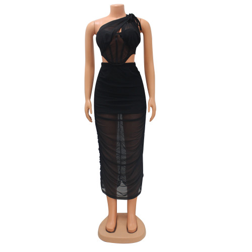 Sexy mesh see-through two-piece skirt set