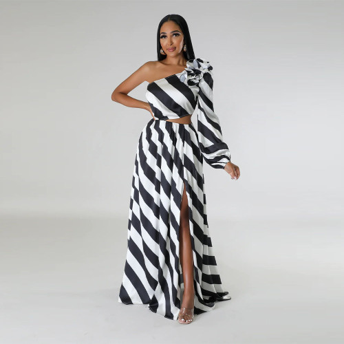 Sexy slit one-shoulder print long maxi dress