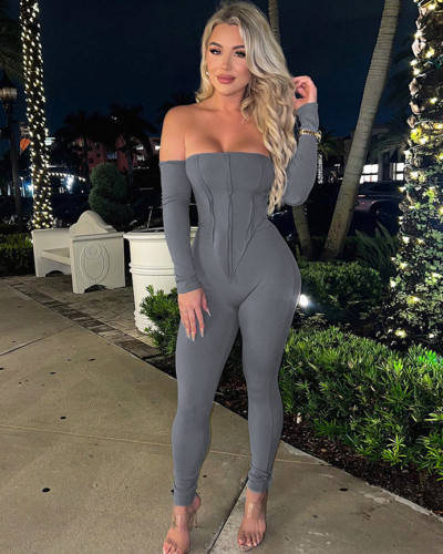 Sexy off-shoulder one-line collar long-sleeved two-piece set for autumn and winter women's slim trousers fashion set