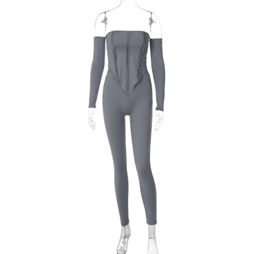Sexy off-shoulder one-line collar long-sleeved two-piece set for autumn and winter women's slim trousers fashion set