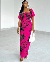 Fashion printed sexy square neck short-sleeved long dress